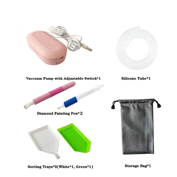 Collection of diamond painting tools including a vacuum pump, silicone tube, diamond painting pen, sorting trays, and storage bag on a white background.
