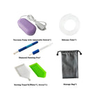 Collection of diamond painting tools including a vacuum pump, silicone tube, pen, sorting trays, and storage bag on a white background.