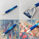 Collage of a blue and white pen being used on various art projects.