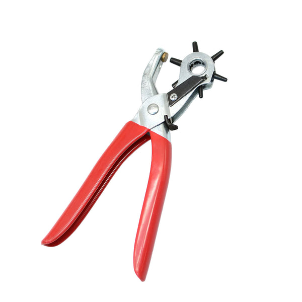 Red-handled hole puncher on a white background