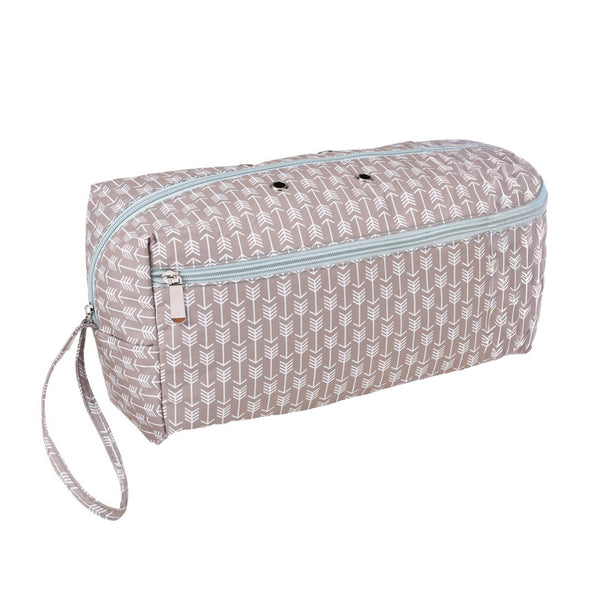 Rectangular pouch with arrow pattern and light blue zipper on a white background