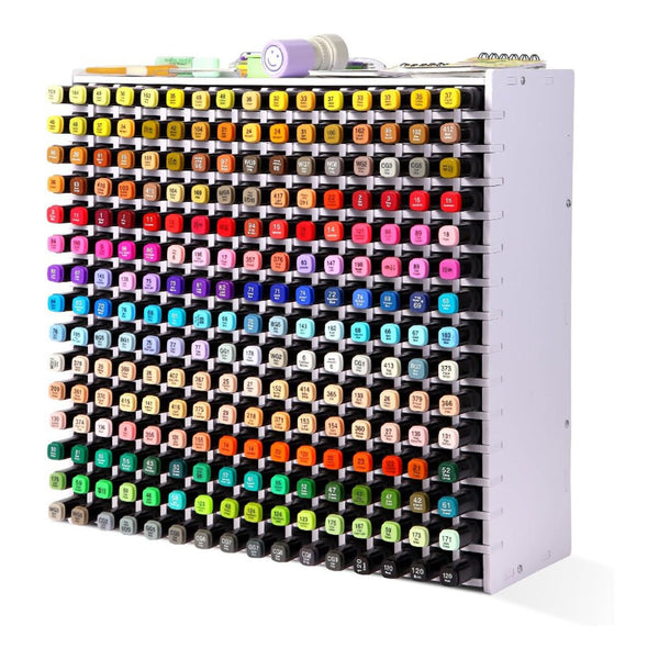 Large storage unit with colorful markers on a white background
