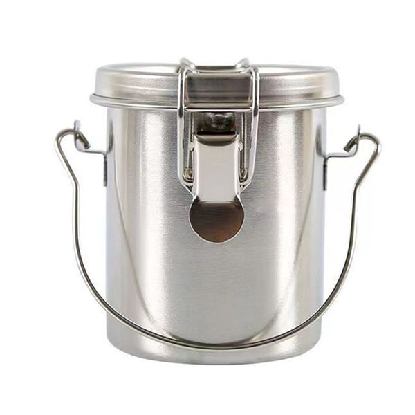 Stainless steel canister with handles on a white background