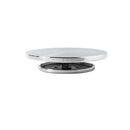 Two metallic turntables on a white background