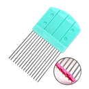 Turquoise comb with metal prongs on a white background