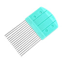 Turquoise comb with metal teeth on a white background