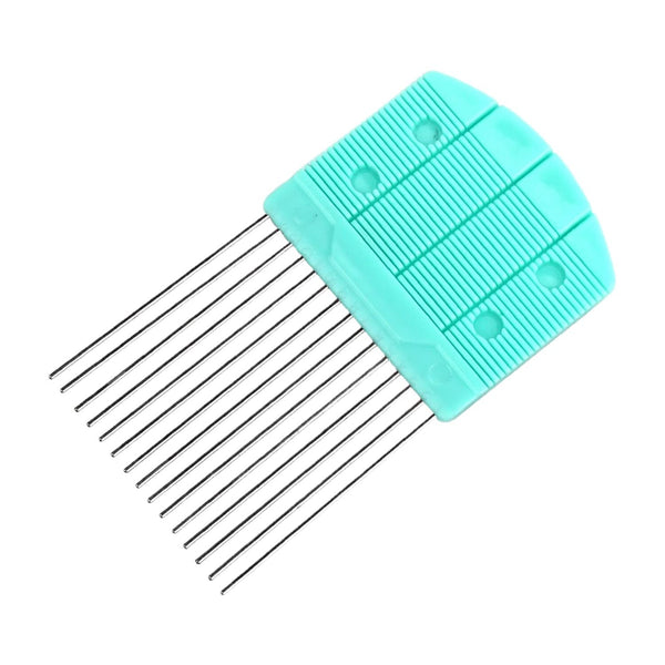 Turquoise comb with metal teeth on a white background