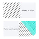 Comparison of a material's properties with text 'Not easy to deform' and 'Plastic+stainless steel'.