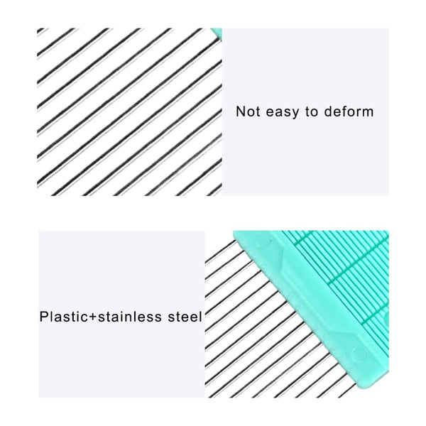 Comparison of a material's properties with text 'Not easy to deform' and 'Plastic+stainless steel'.