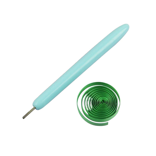 Turquoise tool with a green coiled attachment on a white background
