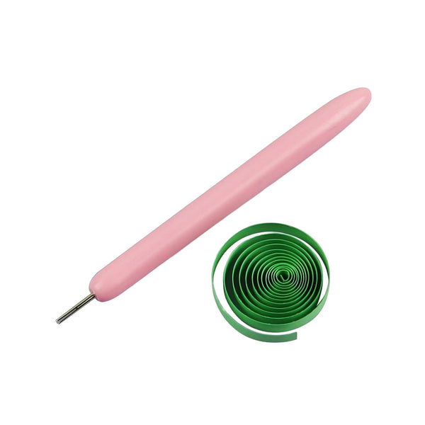 Pink cylindrical tool with a green coiled component on a white background