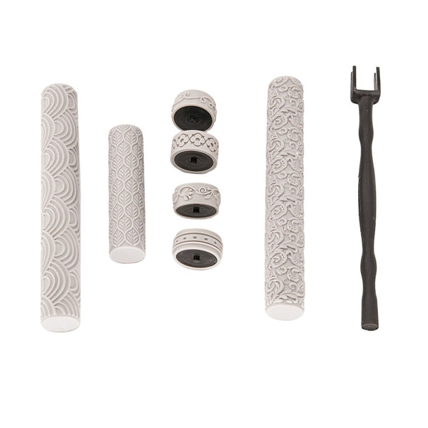 Set of bicycle handlebar grips with a tool on a white background