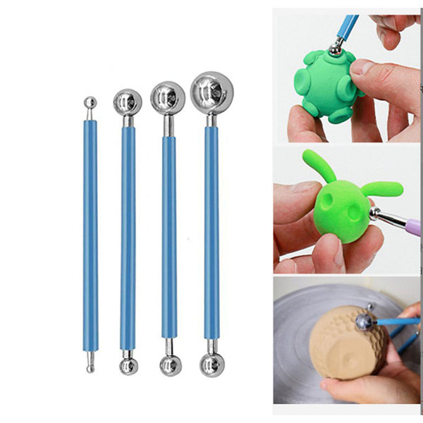 Set of blue tools with silver ends, including a green tool being used on a ceramic item.