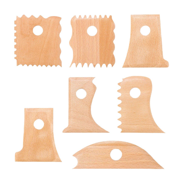 Set of six wooden tools with wavy edges on a white background