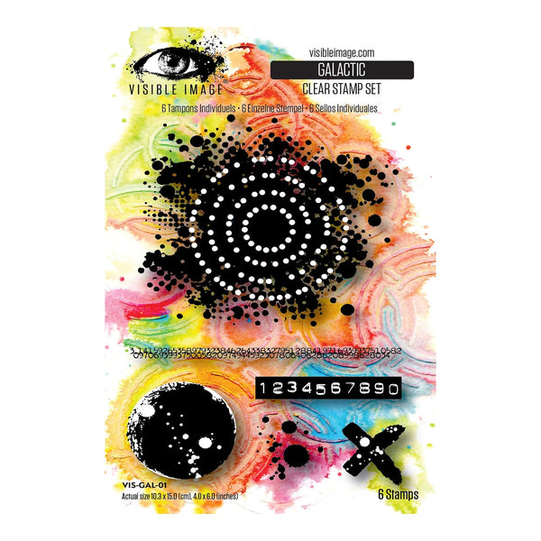 Clear stamp set with colorful abstract design and visible brand name on a white background