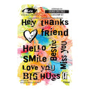 Clear stamp set with colorful text and graphics on a white background