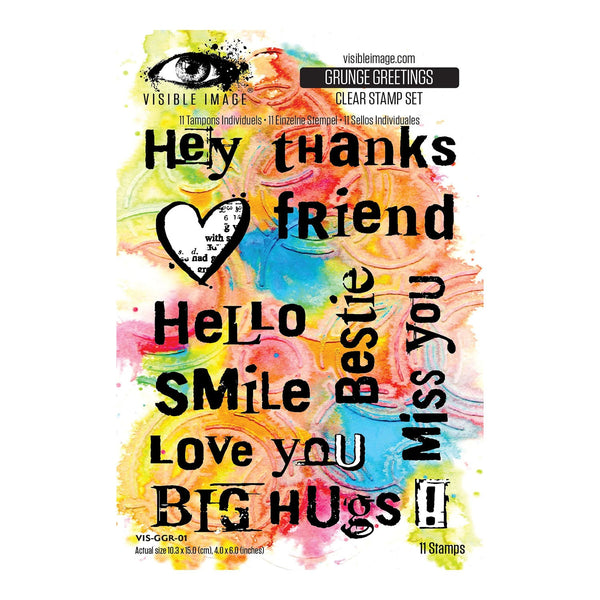 Clear stamp set with colorful text and graphics on a white background