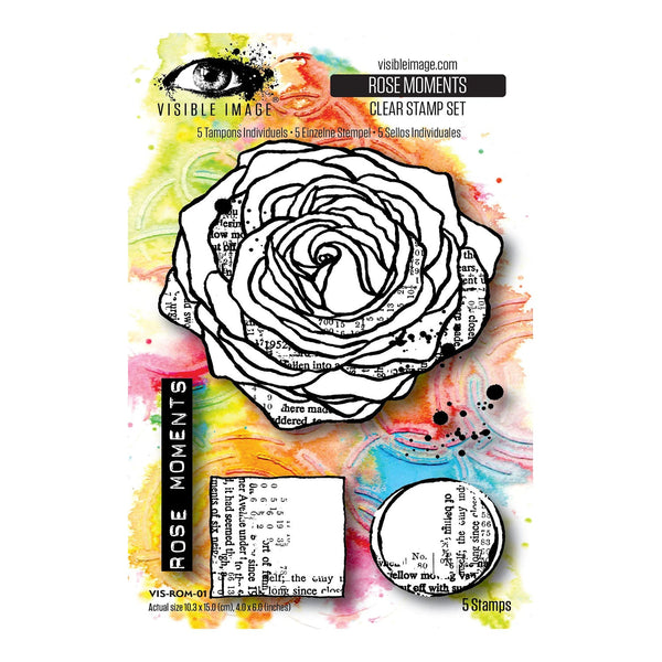 Rose-themed stamp set with colorful background and visible brand name.