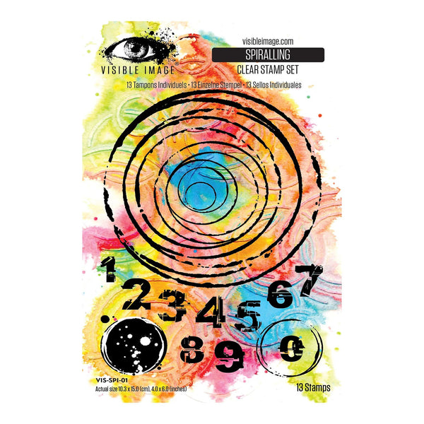 Clear stamp set with colorful spiral design and numbers on a white background