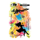 Clear stamp set with a silhouette of a woman on a swing against a colorful abstract background.
