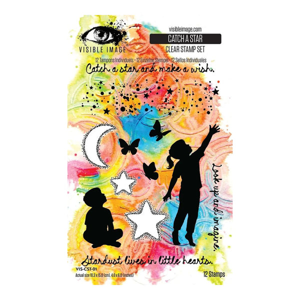 Clear stamp set with silhouettes of a girl and boy, stars, and butterflies on a colorful background.