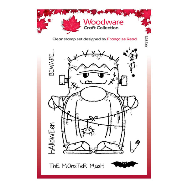Clear stamp set with a Halloween-themed design of a monster mash, featuring the brand 'Woodware'.