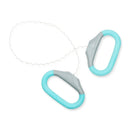 Two turquoise and gray carabiners on a white background