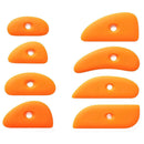 Set of eight orange plastic blades on a white background