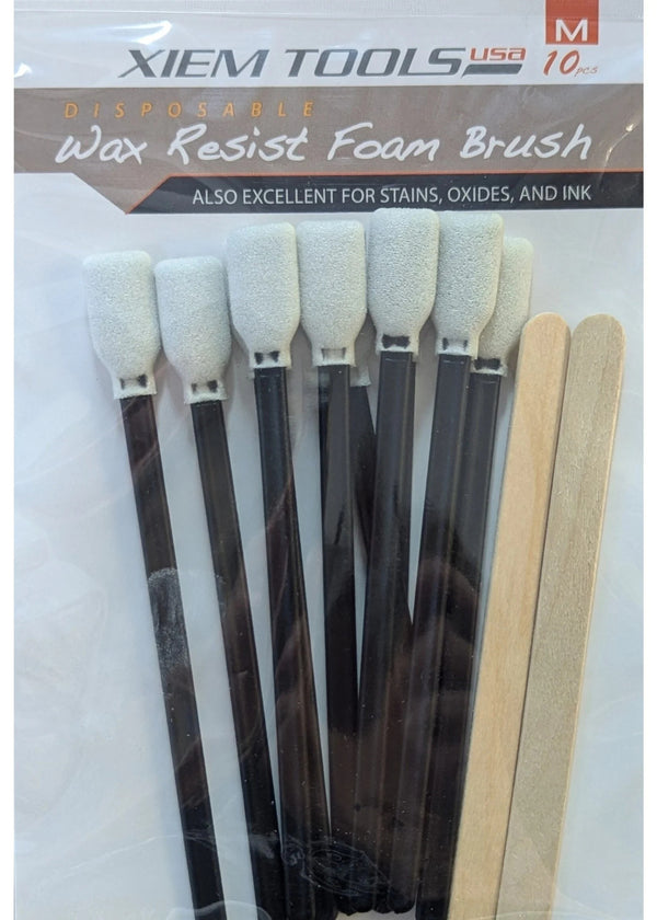 Packaged disposable wax resist foam brushes with Xiem Tools branding.