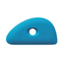 Blue plastic tool with a circular hole on a white background