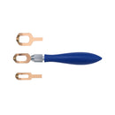 Blue tool with two copper connectors on a white background