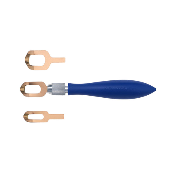 Blue tool with two copper connectors on a white background