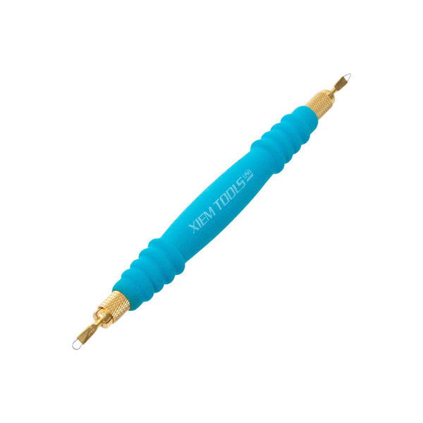 Blue tool with gold ends on a white background