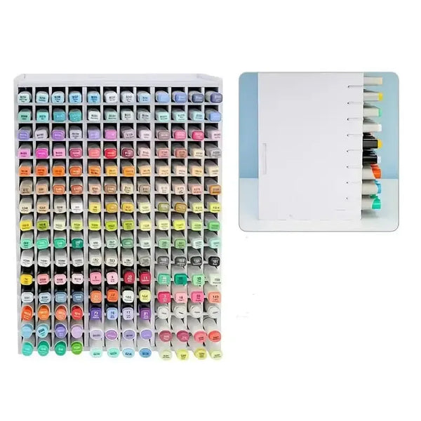 Set of colorful markers with a white case on a white background