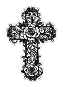 Decorative black cross with floral elements on a white background