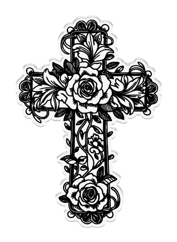 Decorative black cross with floral elements on a white background