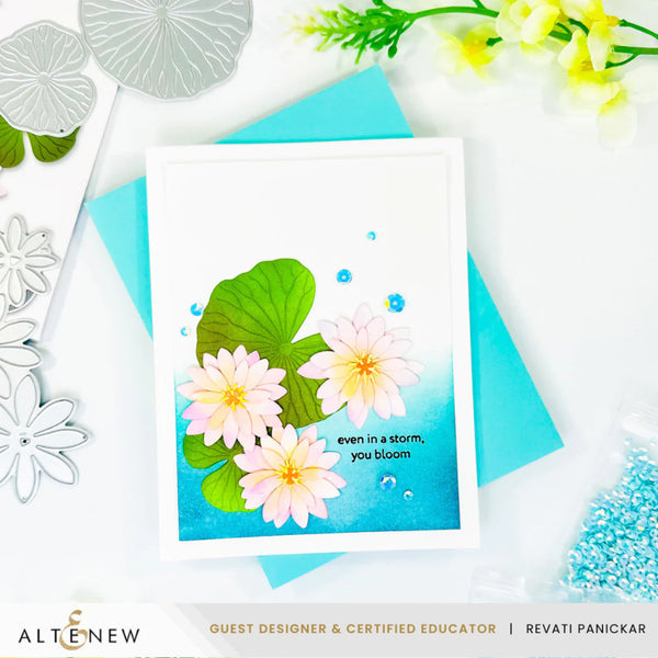 Card with floral design and message, surrounded by decorative elements and Altenew branding.