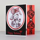 Birthday card with teddy bear illustration and decorative elements on a white background