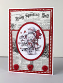Card with a teddy bear holding a trophy on a newspaper background
