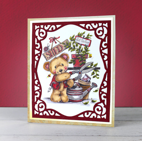 Card with a teddy bear holding gardening tools against a red background