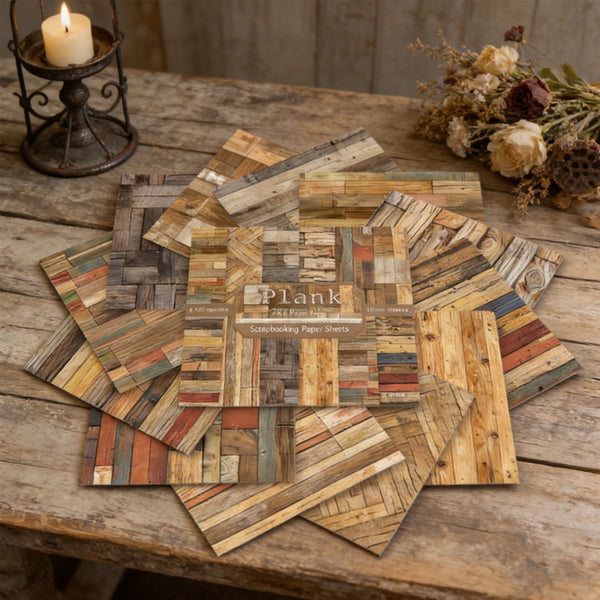 Wooden placemats with 'Plank' branding on a rustic wooden table.