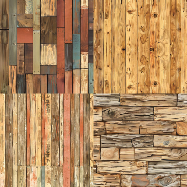 Collage of various wooden textures including planks and stacked logs.