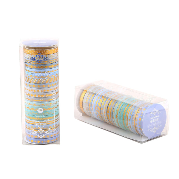 Set of washi tape rolls in a cylindrical holder on a white background