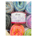 Colorful yarn balls with Panda Bliss 10ply brand label on a white background