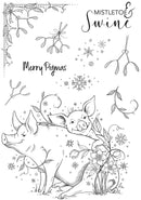 Coloring page with pigs, mistletoe, and snowflakes for 'Mistletoe & Swine Merry Pigmas'.