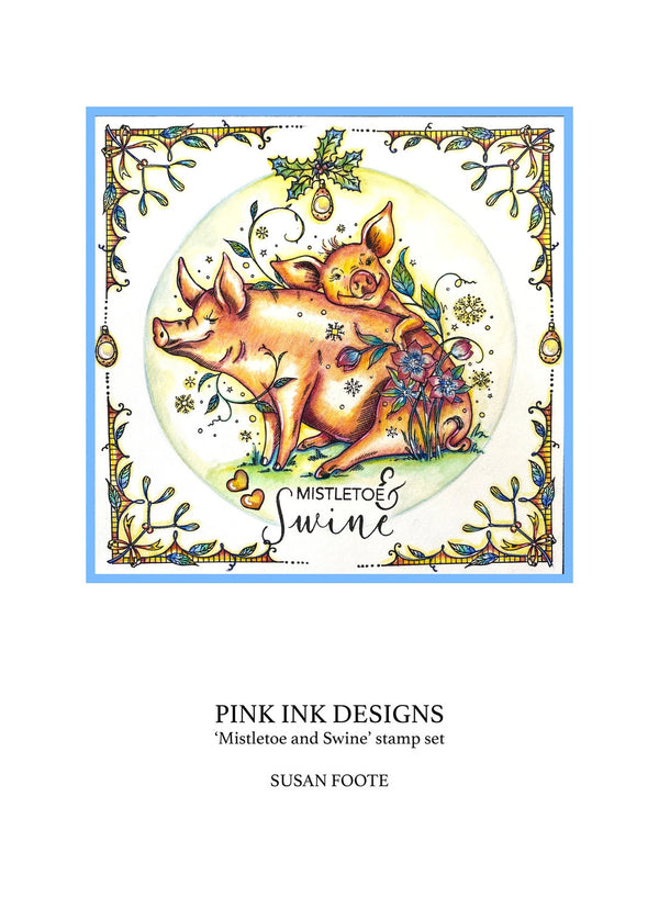 Card with a pig illustration and decorative border, featuring 'Pink Ink Designs' branding.