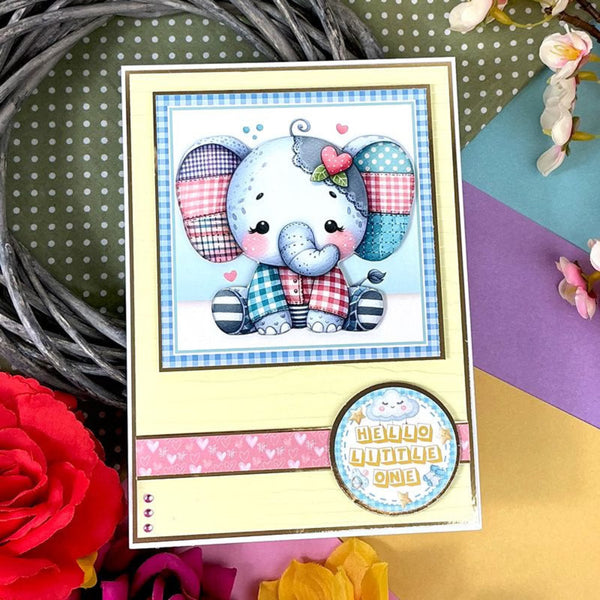Greeting card with a cute elephant design and 'Hello Little One' text, surrounded by flowers on a colorful background.