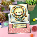 Cartoon lion card with decorative elements on a colorful background