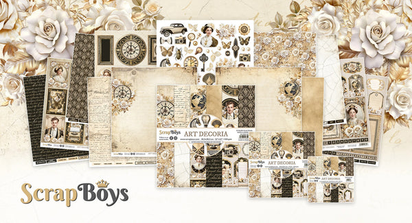 Collection of scrapbooking elements with floral and vintage design on a light background, featuring the brand 'Scrap Boys'.