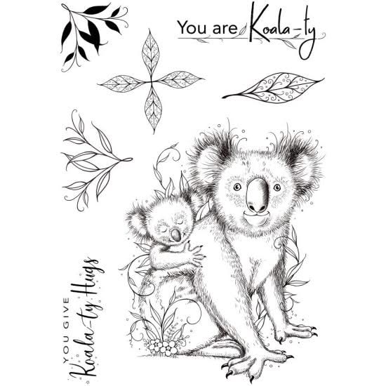 Black and white illustration of a koala and baby with decorative leaves and text on a white background